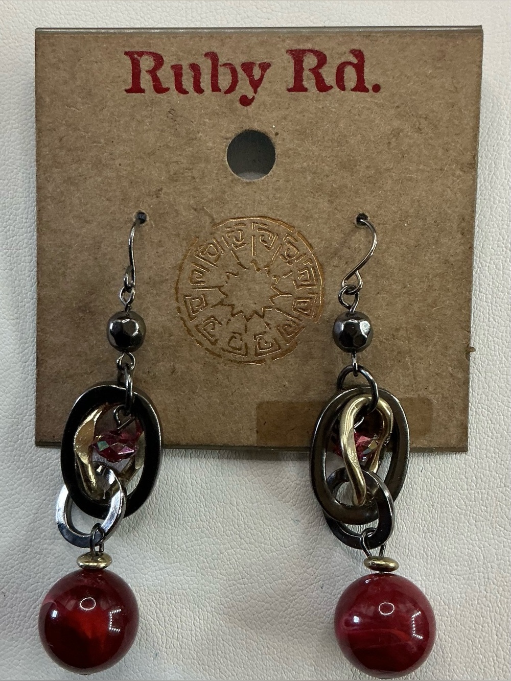 RUBY ROAD RD TWO TONE DROP LINK EARRINGS WITH RED ACCENTS NWT